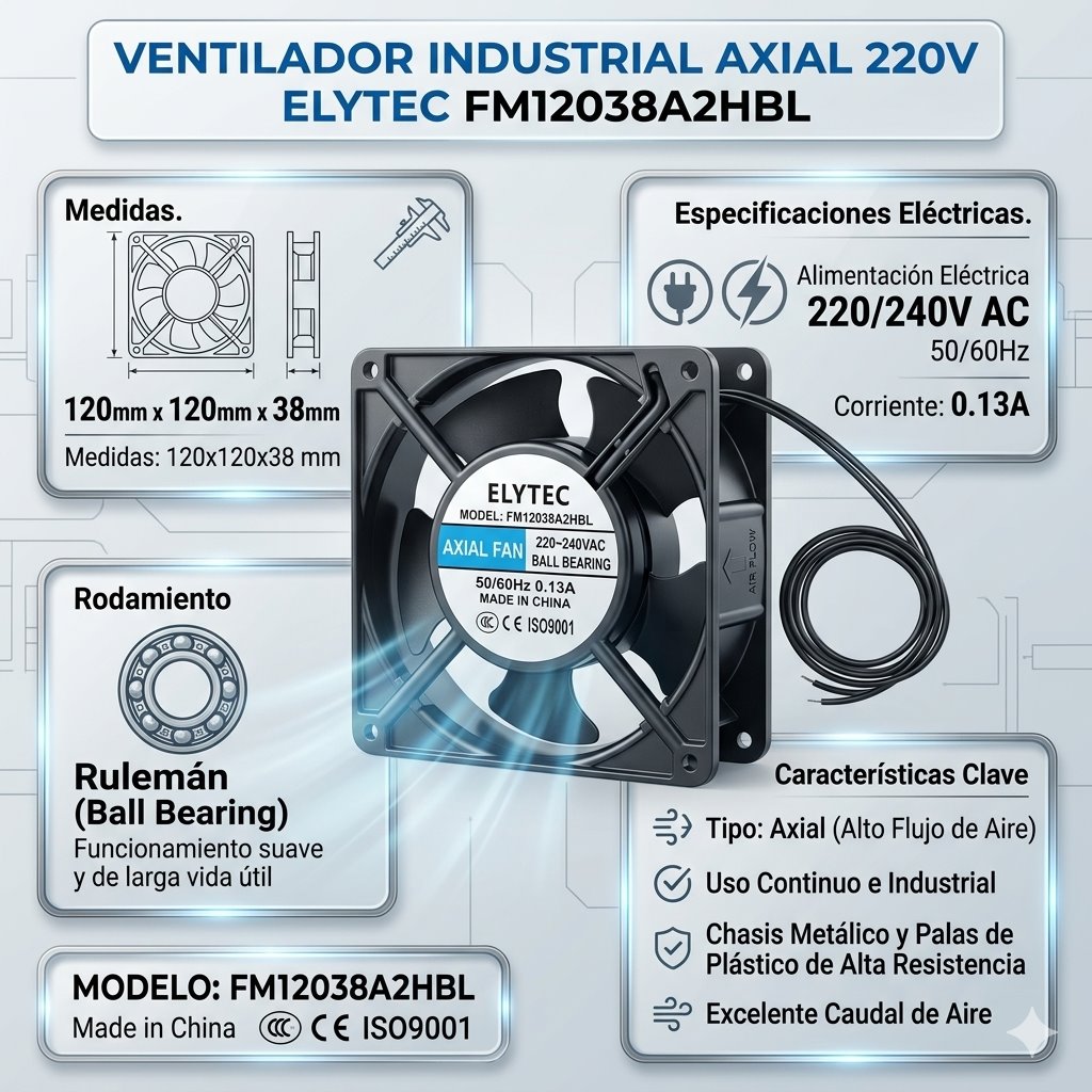 Ficha técnica del ventilador FM12038A2HBL: 120 × 120 × 38 mm, 220/240 V AC, 50/60 Hz, 0.13 A, rodamiento a rulemán