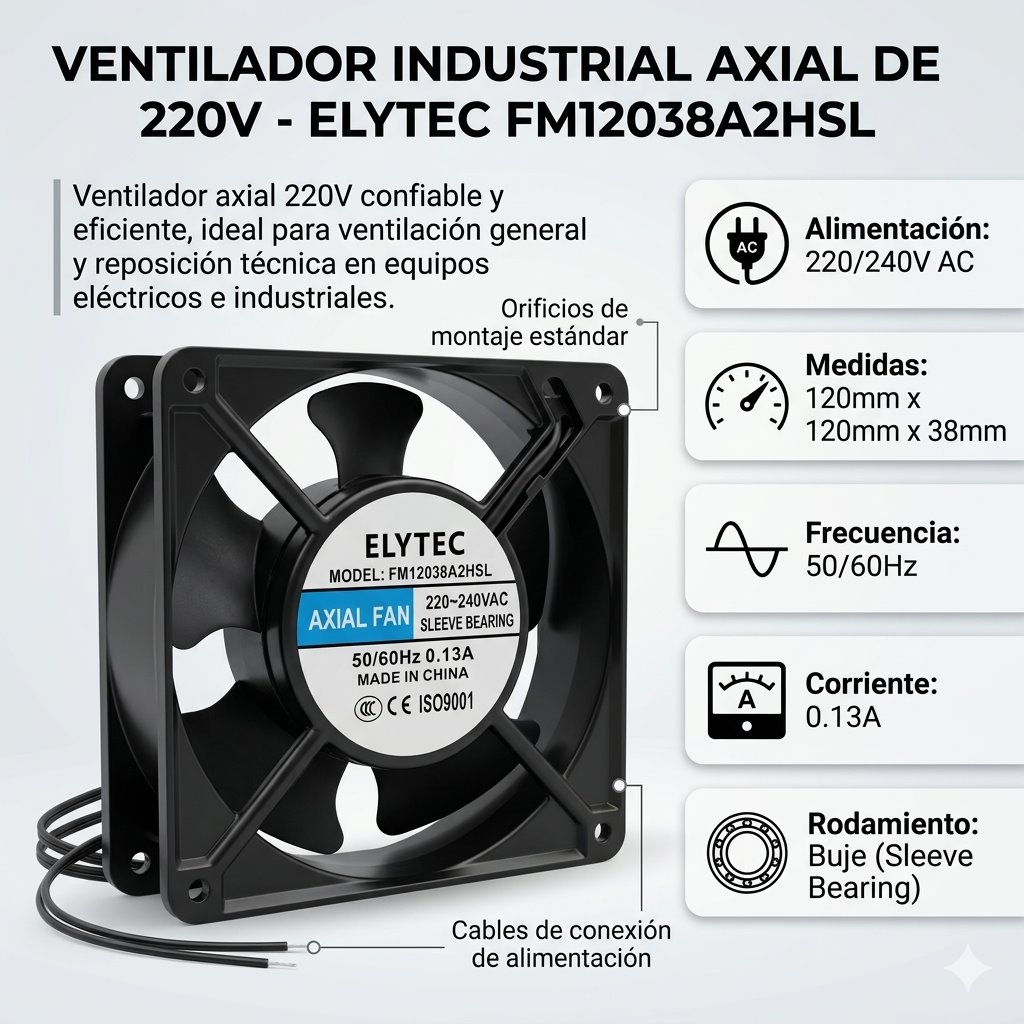 Ficha técnica del FM12038A2HSL: 120 × 120 × 38 mm, 220/240 V AC, 50/60 Hz, 0.13 A, rodamiento a buje