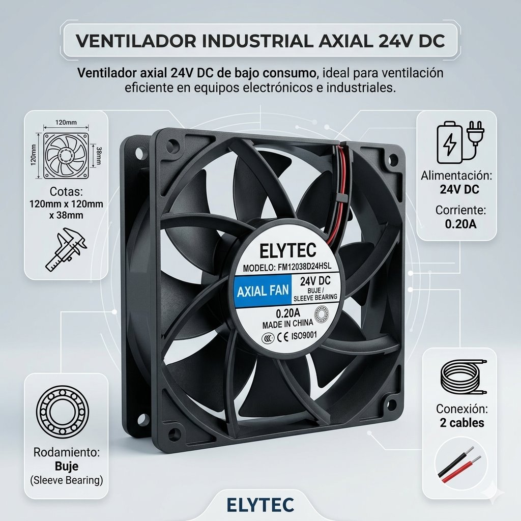 Ficha técnica del FM12038D24HSL: cotas de 120 × 120 × 38 mm, alimentación 24 V DC, corriente 0.20 A, rodamiento a buje y conexión de 2 cables