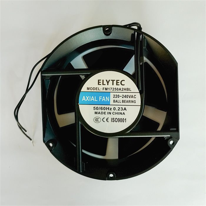 Frente del ventilador axial ElyTec FM17250A2HBL con la etiqueta del motor