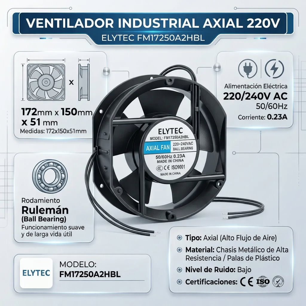 Ficha técnica del ventilador FM17250A2HBL: 172 × 150 × 51 mm, 220/240 V AC, 50/60 Hz, 0.23 A, rodamiento a rulemán